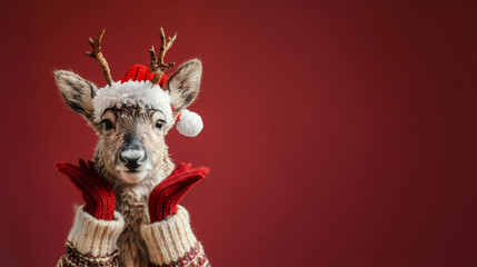 Reindeer dressed as Santa Claus