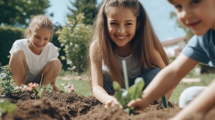 A group of three children joyfully planting flowers in a lush garden on a sunny day. They are engaged in gardening, laughing, and working together as they nurture nature
