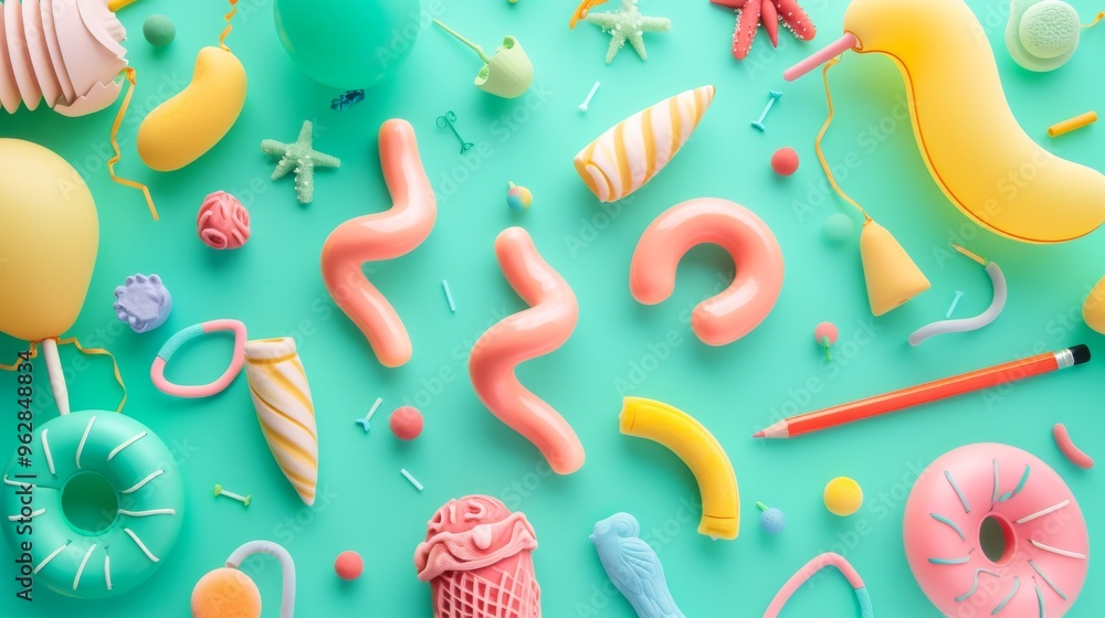 Poster a vibrant and playful assortment of colorful objects scattered on a teal background, featuring vario