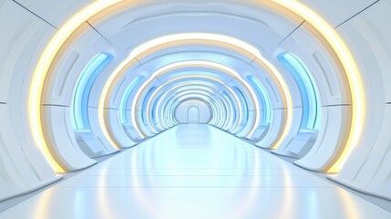 Obraz premium Neon Matrix: Sleek Futuristic Interior of High Tech Space Station with Geometric Patterns and Glowing Pathways