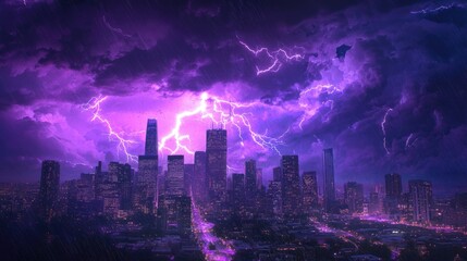Obraz premium A dramatic storm with lightning bolts illuminating the city skyline in a vibrant purple hue, creating a stunning contrast against the night sky.