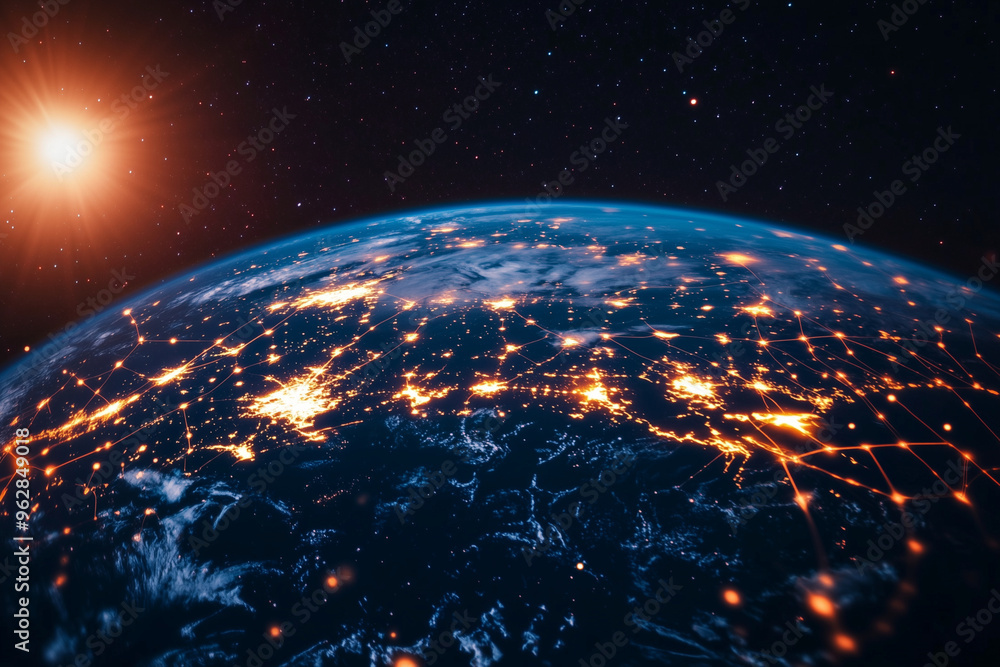 Poster globe with a network of lines and dots surrounding it. the globe is lit up with a blue and red color