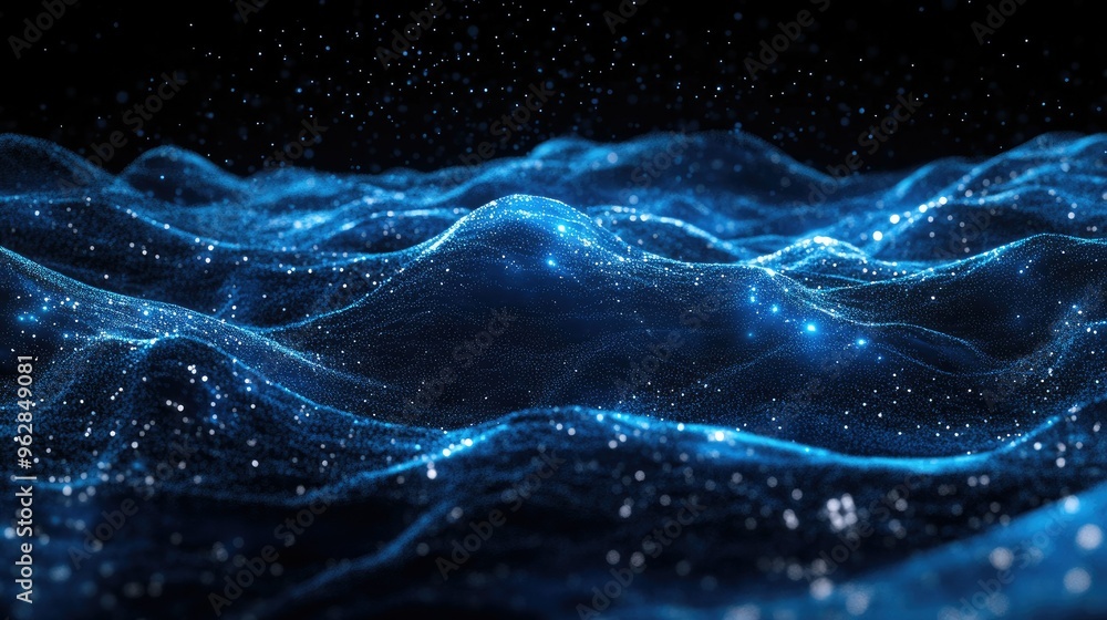 Poster abstract 3d landscape with flowing blue particle lines on a black background, representing futuristi