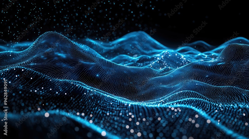 Poster abstract 3d landscape with flowing blue particle lines on a black background, representing futuristi