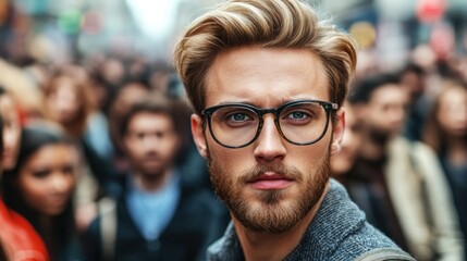A well-dressed young man with a beard and glasses gazes directly at the camera while surrounded by a bustling crowd in an urban environment during the day