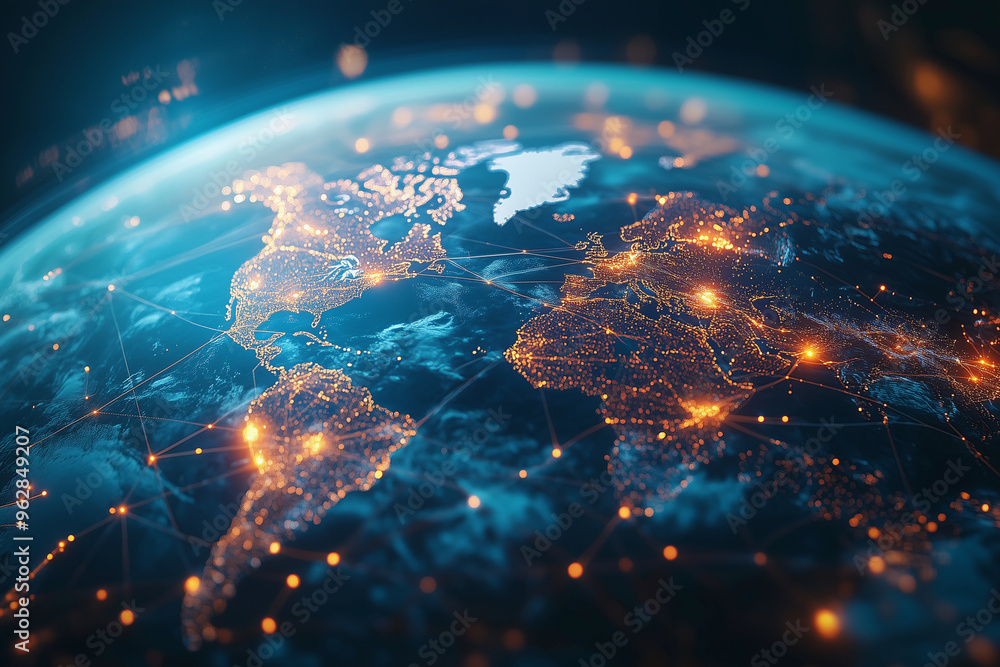 Poster globe with a network of lines and dots surrounding it. the globe is lit up with a blue and red color