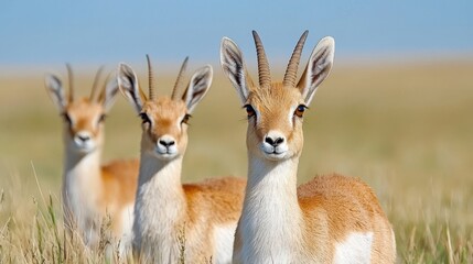 Fototapeta premium Saiga Antelopes Roaming the Central Asian Steppes: Capturing the Beauty of an Endangered Species in Need of Conservation