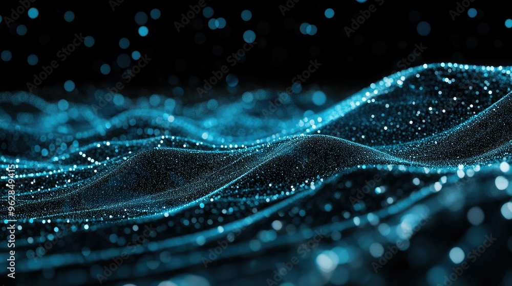 Poster abstract digital interface featuring undulating blue particle lines on a black background, ideal for