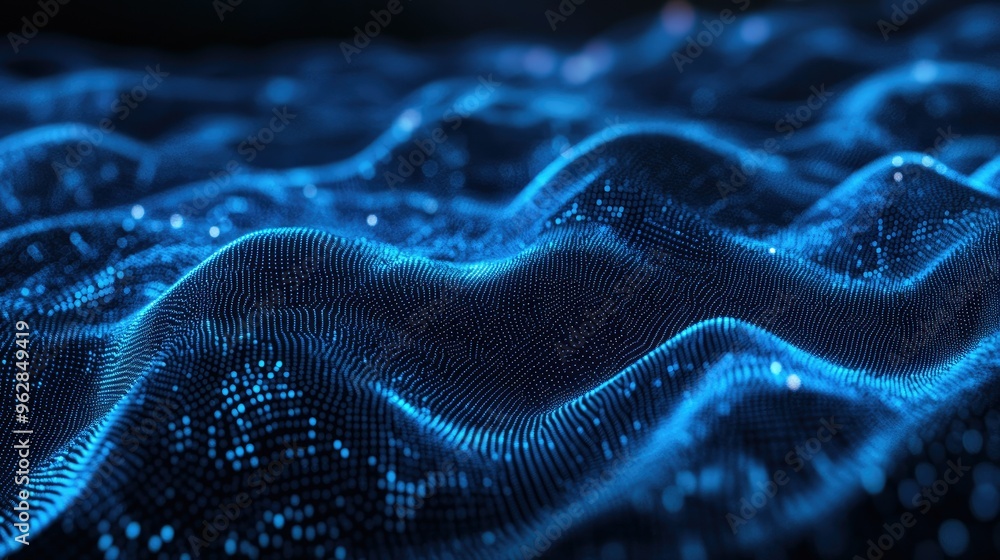 Poster abstract digital interface featuring undulating blue particle lines on a black background, ideal for
