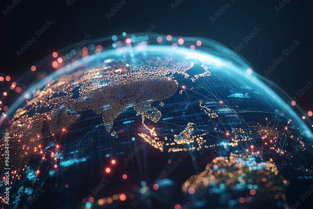 Poster glowing globe with a blue and orange glow surrounding it. the globe is surrounded by a network of li