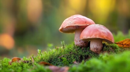 Two mushrooms with pinkish caps emerge from a bed of rich green moss, illuminated by gentle light filtering through the trees in a serene autumn forest
