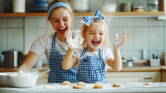 A mother and her young daughter share joyful moments in the kitchen as they bake cookies