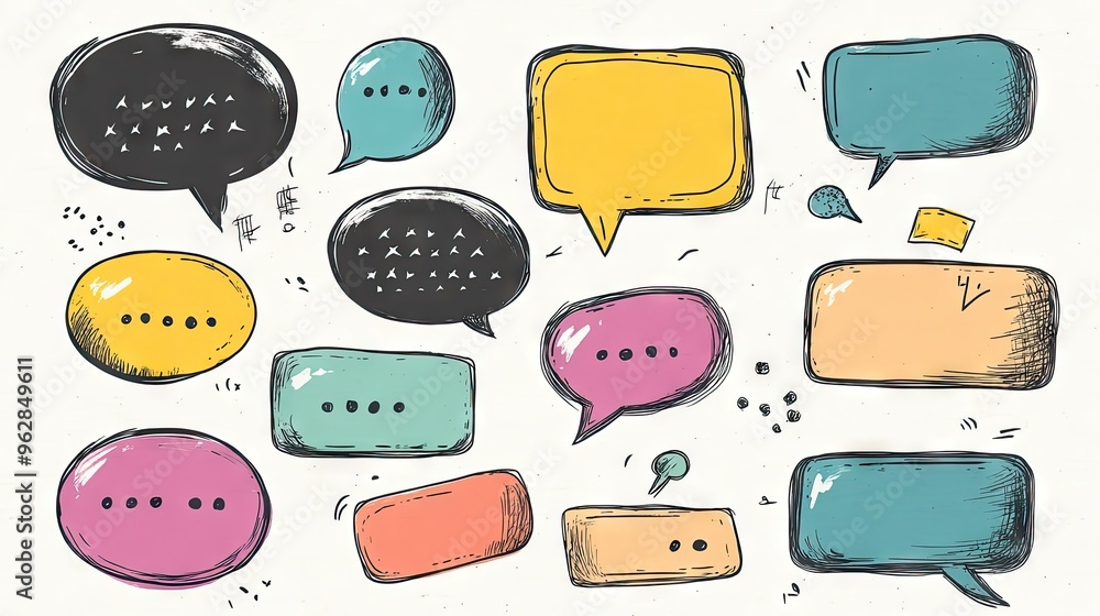 Poster assorted speech bubble text boxes and message balloons in doodle style, featuring space for custom t