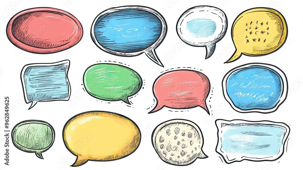 Poster assorted speech bubble text boxes and message balloons in doodle style, featuring space for custom t