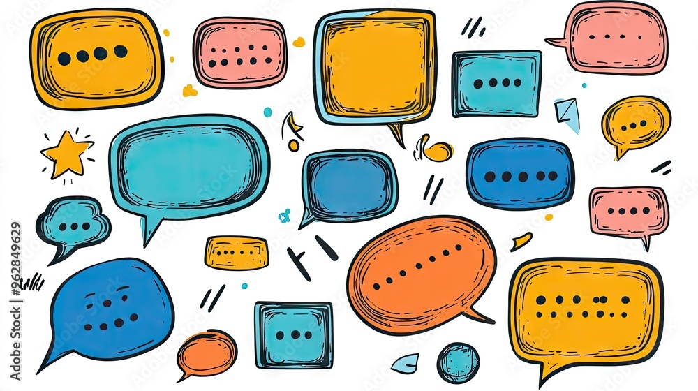 Aufkleber assorted speech bubbles and message boxes in cartoon doodle style with outline designs and blank spa
