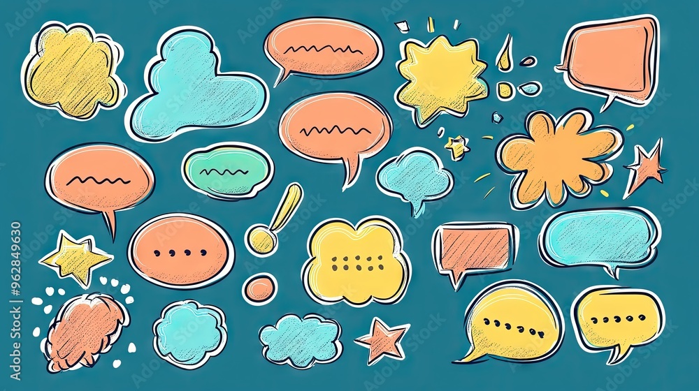 Aufkleber assorted speech bubbles and message boxes in cartoon doodle style with outline designs and blank spa