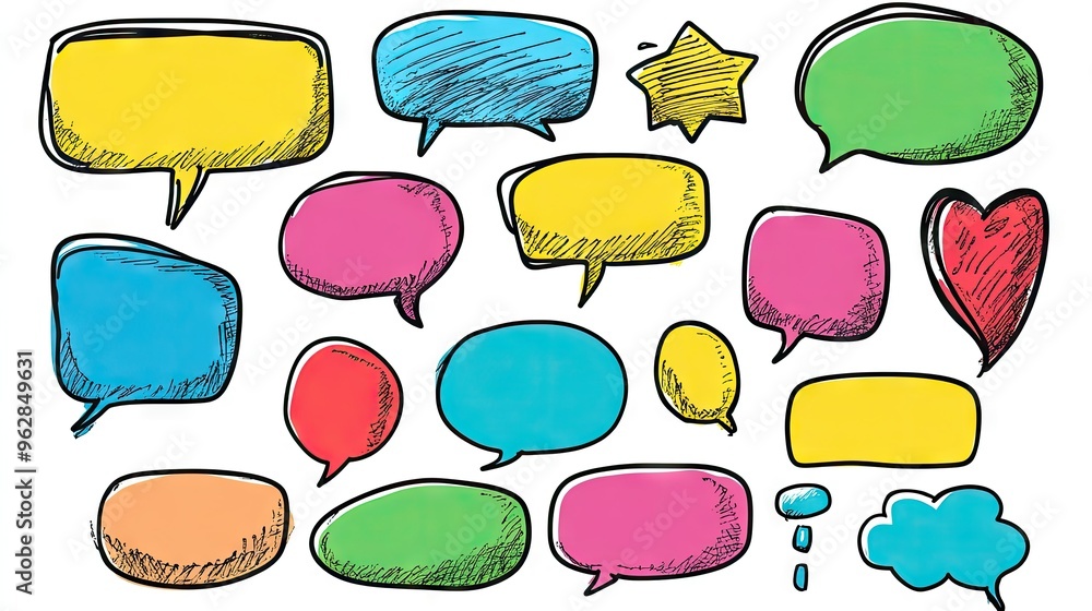 Poster assorted speech bubble text boxes and message balloons in doodle style, featuring space for custom t