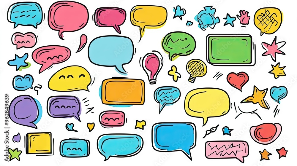 Aufkleber assorted speech bubbles and message boxes in cartoon doodle style with outline designs and blank spa