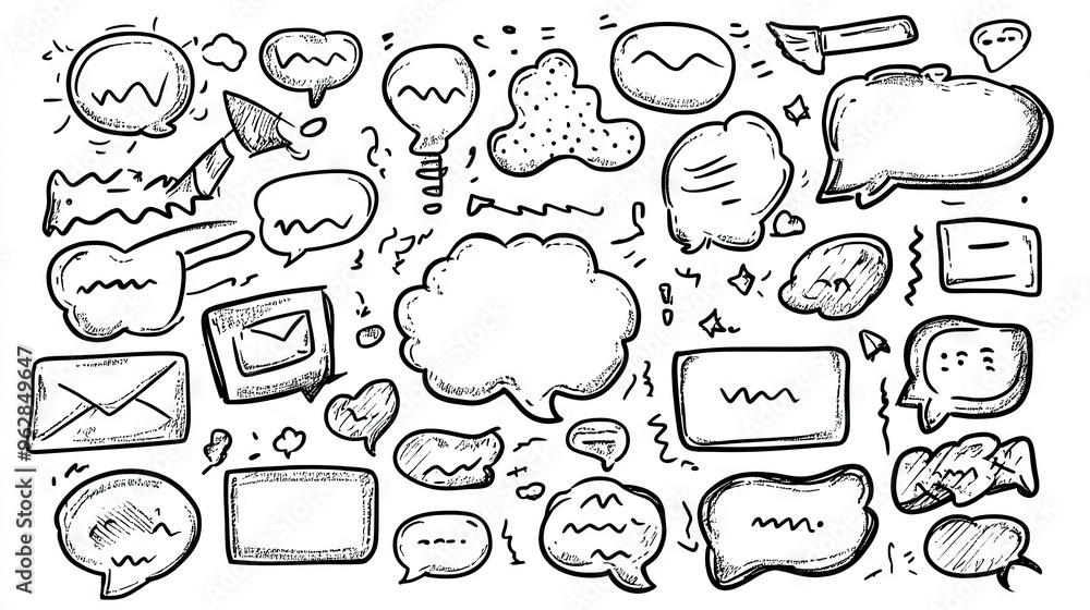 Aufkleber assorted speech bubbles and message boxes in cartoon doodle style with outline designs and blank spa