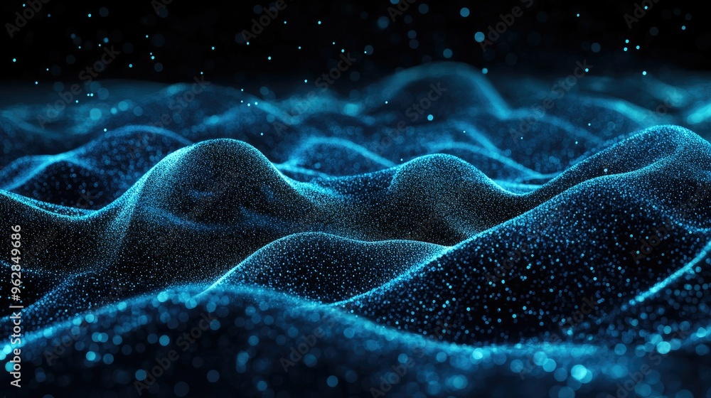Fototapete Black background with undulating blue lines of particles forming an abstract digital interface, ideal for modern tech and communication visuals.