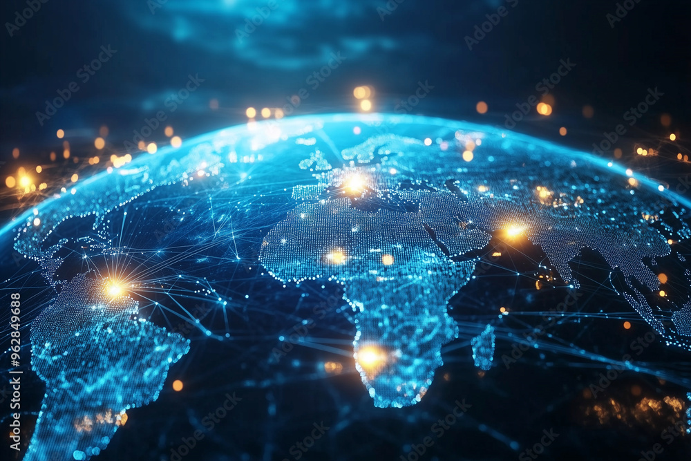 Poster globe with a network of lines and dots surrounding it. the globe is lit up with a blue and red color