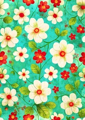 Vibrant Floral Pattern with White Red Flowers Green Leaves Decorative Design