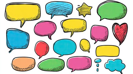 Assorted speech bubble text boxes and message balloons in doodle style, featuring space for custom text. Ideal for communication