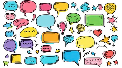 Assorted speech bubbles and message boxes in cartoon doodle style with outline designs and blank spaces for custom text. Ideal for communication graphics.