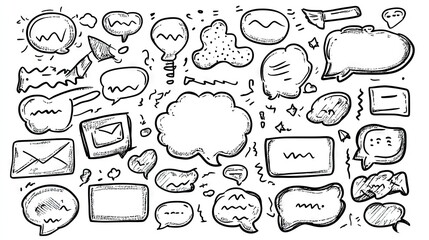 Assorted speech bubbles and message boxes in cartoon doodle style with outline designs and blank spaces for custom text. Ideal for communication graphics.