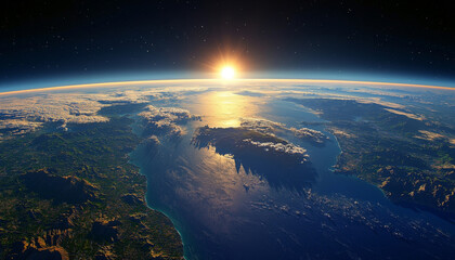 A breathtaking view of Earth from space at sunrise, showcasing land, water, and clouds illuminated by sunlight.