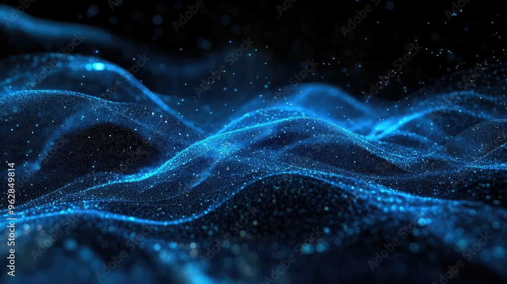 Poster blue horizontal particle lines creating a smooth, undulating 3d effect against a dark backdrop, capt