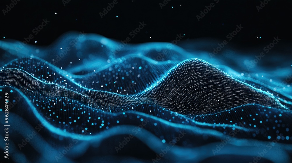Poster blue horizontal particle lines creating a smooth, undulating 3d effect against a dark backdrop, capt