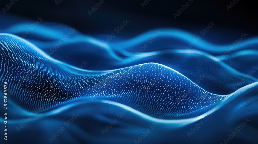 Poster blue horizontal particle lines creating a smooth, undulating 3d effect against a dark backdrop, capt