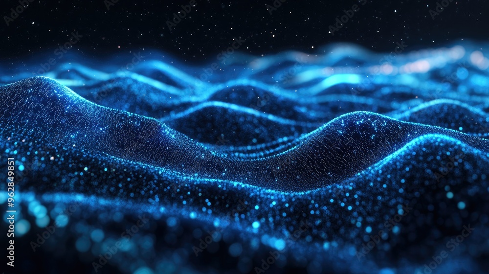 Poster blue particles creating smooth, horizontal waves on a dark background, showcasing an abstract 3d lan