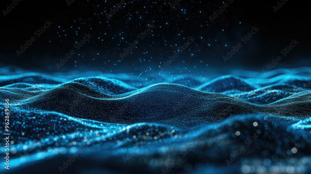 Poster blue particles creating smooth, horizontal waves on a dark background, showcasing an abstract 3d lan