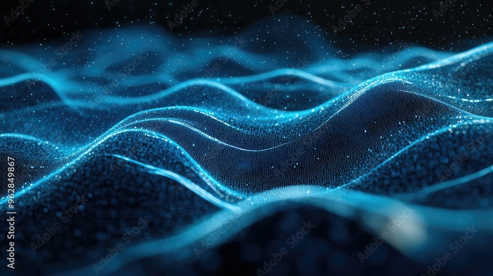 Poster blue particles creating smooth, horizontal waves on a dark background, showcasing an abstract 3d lan