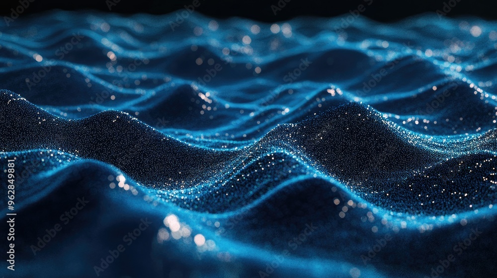 Poster blue particles creating smooth, horizontal waves on a dark background, showcasing an abstract 3d lan