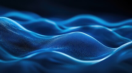 Obraz premium Blue horizontal particle lines creating a smooth, undulating 3D effect against a dark backdrop, capturing the essence of digital and communication technology.