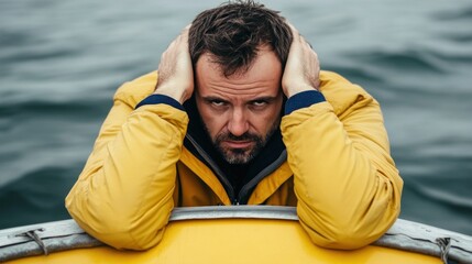 A man is seen sitting in a small boat wearing a bright yellow jacket, gripping the edge while covering his ears, overwhelmed by the sound of crashing waves under a grey sky