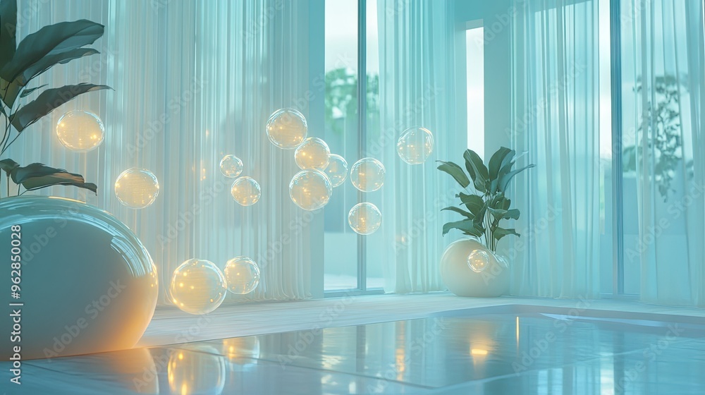 Poster bright and airy room with a group of luminous chat bubbles floating in mid-air, creating a sleek dig