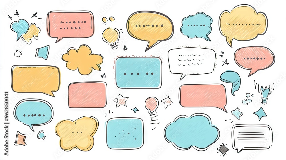Poster cartoon message boxes and speech bubble illustrations with outline doodle design and blank areas for