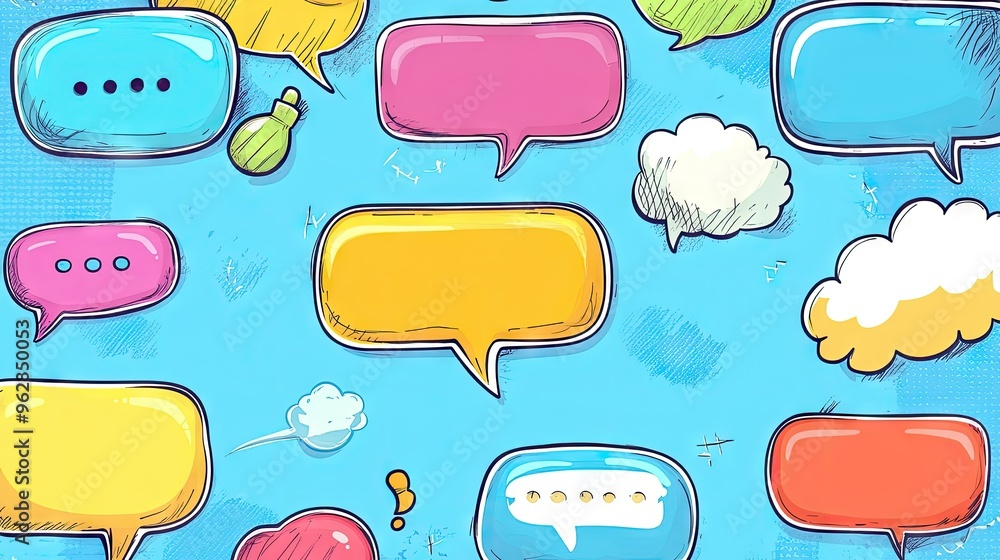 Poster cartoon-style speech bubble and message box illustrations with outline doodle designs and empty text