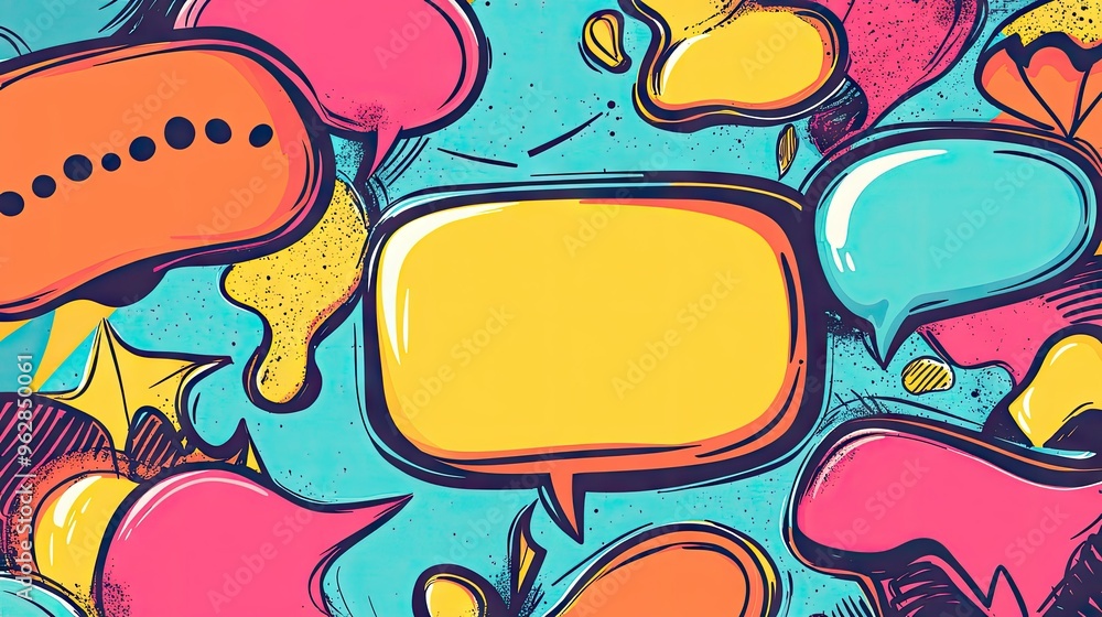 Poster cartoon-style speech bubble and message box illustrations with outline doodle designs and empty text