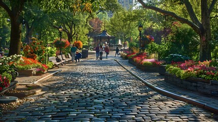 Obraz premium Cobblestone Path Leading Through a Lush City Park