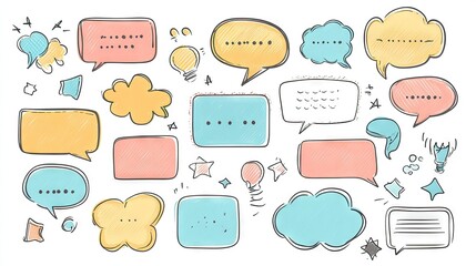 Cartoon message boxes and speech bubble illustrations with outline doodle design and blank areas for text. Perfect for visualizing conversations and chats.