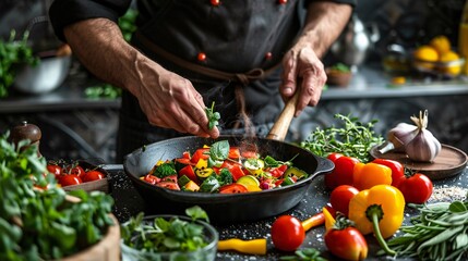 Chef adding fresh herbs to sauteed vegetables in a pan
