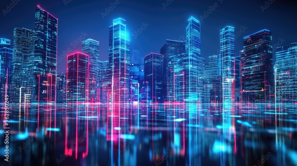 Poster city skyline with futuristic architecture illuminated by neon lights and digital effects. panoramic 