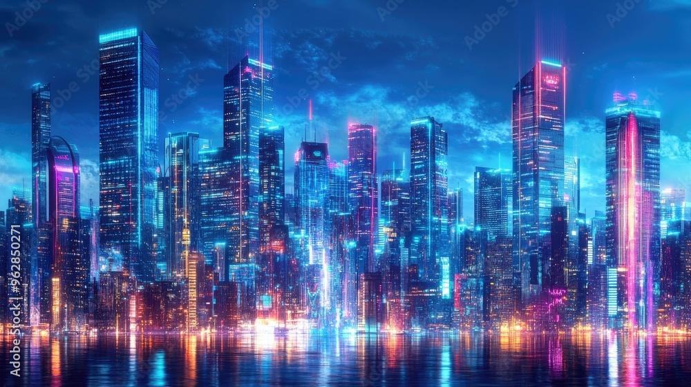 Poster city skyline with futuristic architecture illuminated by neon lights and digital effects. panoramic 