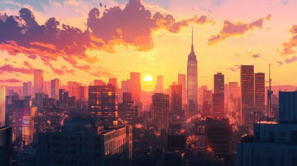 Obraz premium City skyline at sunset, with buildings casting long shadows and the sky ablaze with color