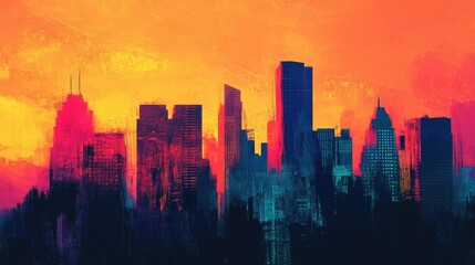 Fototapeta premium City skyline at sunset, with buildings casting long shadows and the sky ablaze with color